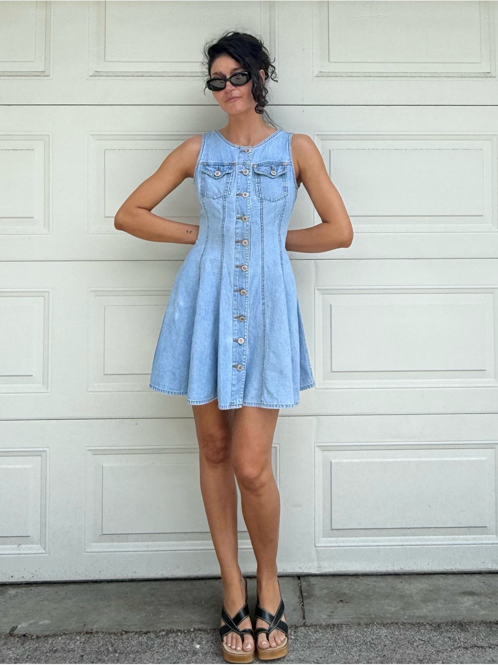 Vintage Denim Jean Mini Dress Light Wash Fit & Flare Front Button Sleeveless